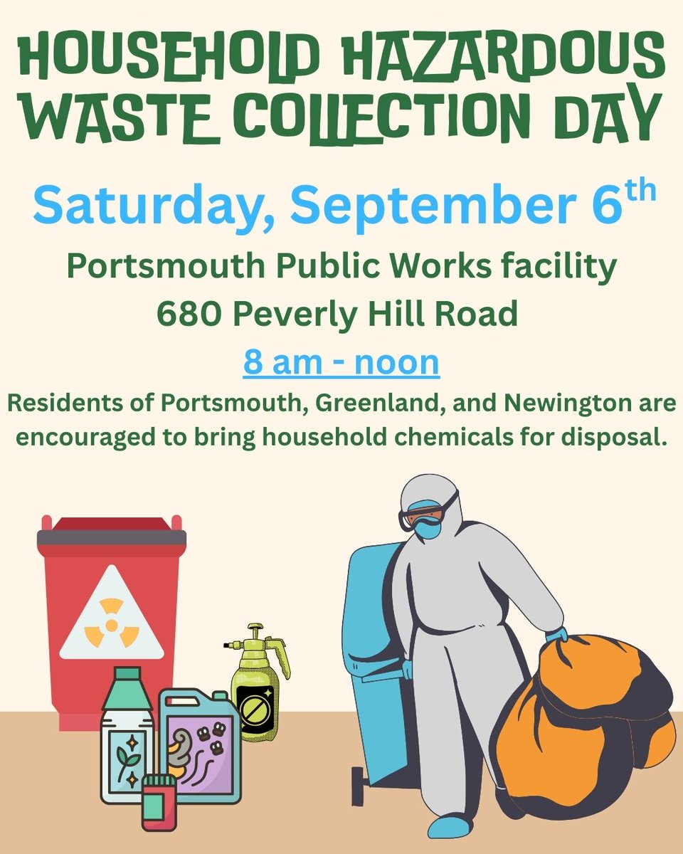 ♻️ Household Hazardous Waste Day is this Sat 9/6, 8AM–12PM at Portsmouth DPW. Safely dispose of old paint, cleaners &amp; more.
680 Peverly Hill Rd.
#PortsmouthNH #Sustainability #HazardousWasteDay #CommunityCleanup