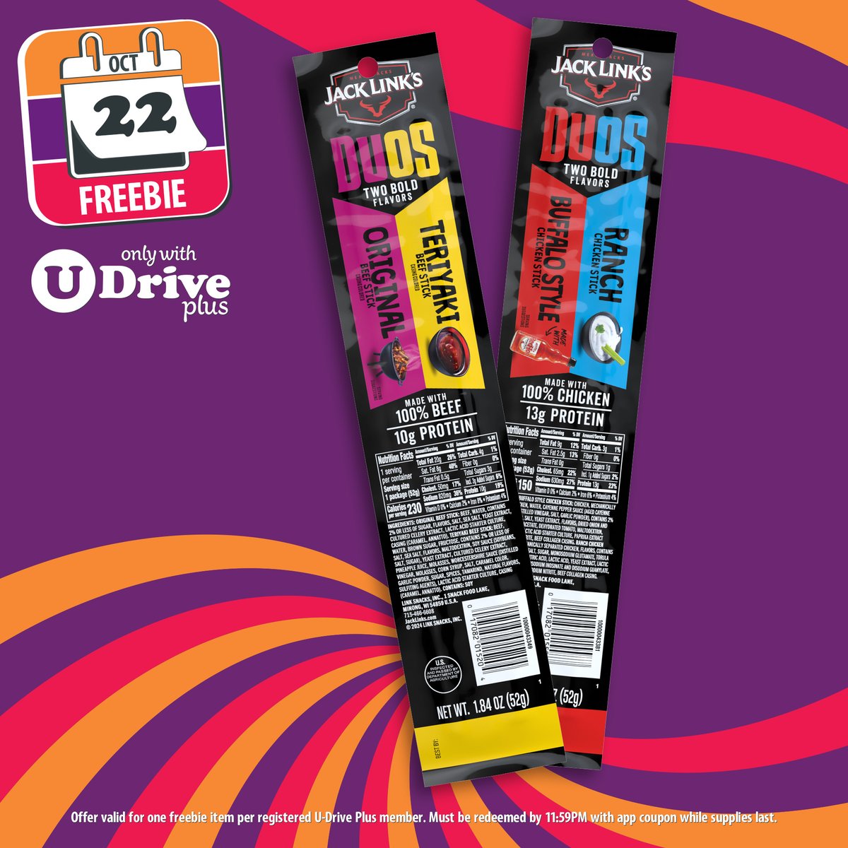 This Wednesday, 10/22, grab a FREE Jack Link's Duos (1.84oz) at