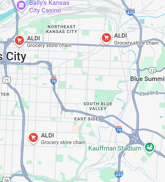 2024dion's tweet photo. One reason to be excited about Aldi is that they're able to run successful stores in urban food deserts. 

For example, there are four Aldis east of Kansas City's 'Troost Wall', including one a few blocks from the infamous city-subsidized SunFresh store that just closed down. https://t.co/LWoxmB0Quy