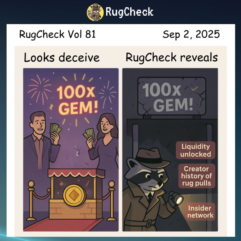 RugCheck Vol 81 일러스트: 속이는 암호화폐 보석과 드러난 리스크의 대조