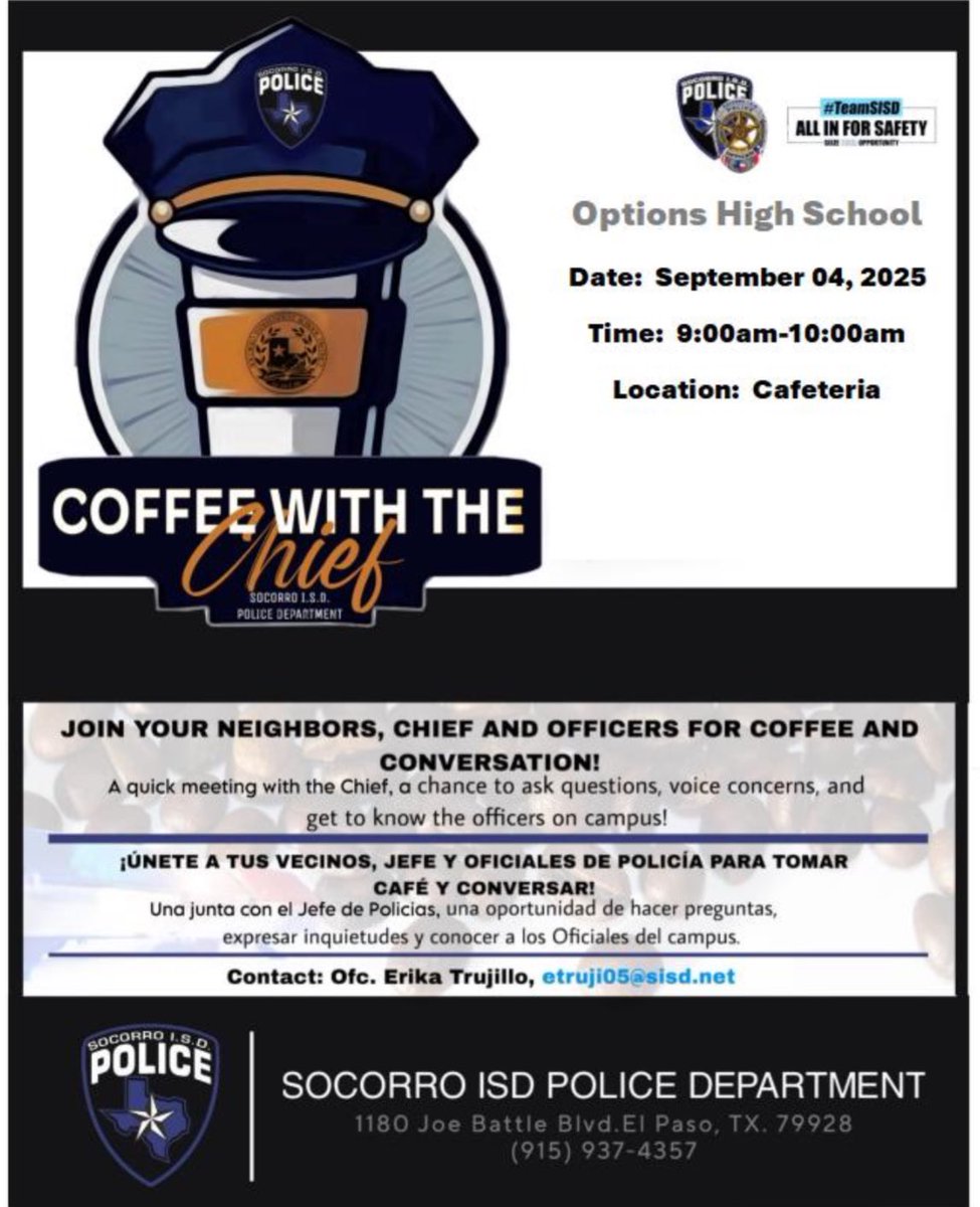 We hope to see you for Coffee with the Chief at Options High School!