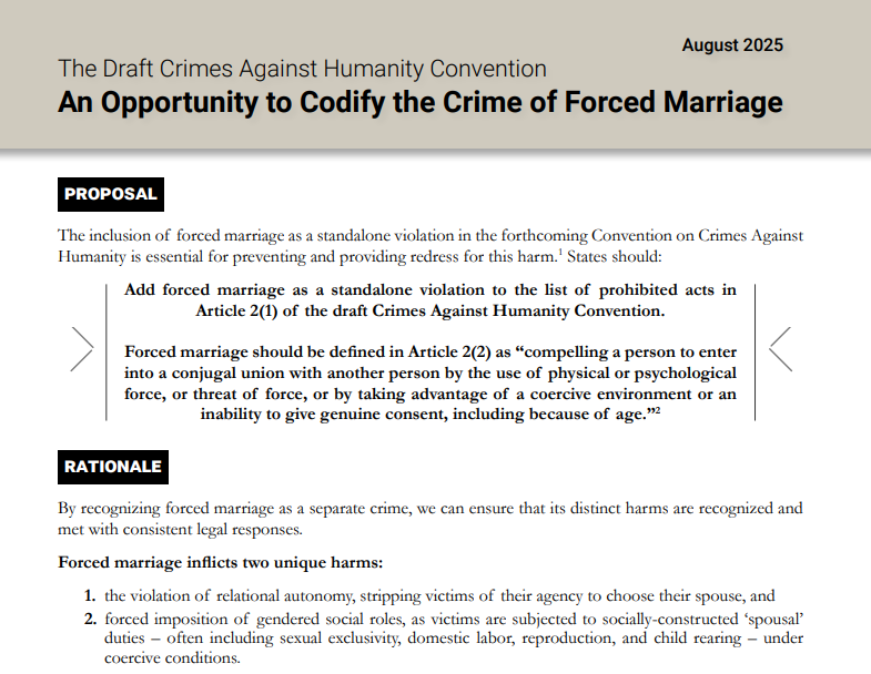 📣 NEW: We are publishing the first in a series that summarizes our legal briefs on gender and the draft crimes against humanity treaty.

Check out this summary of a brief calling for the draft treaty to codify the crime of forced marriage. cahtreatynow.org/summary-the-dr…