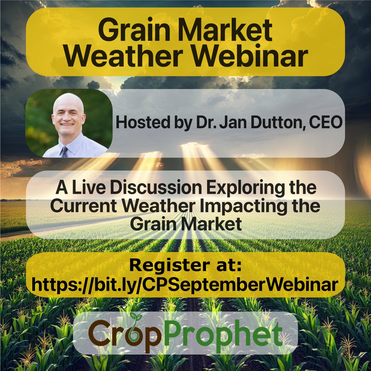CropProphet's tweet photo. Our last Grain Market Weather Webinar for this US growing season will take place on September 10th at 10 AM ET.
👉 Save your spot and register here: https://t.co/0RA1LtqjYJ
#oatt #AgWx #AgWeather #Corn #Grains #Yield #WeatherRisk #Agriculture #GrainMarket #GrainTrader #Farmer https://t.co/uEfzeu6h5T