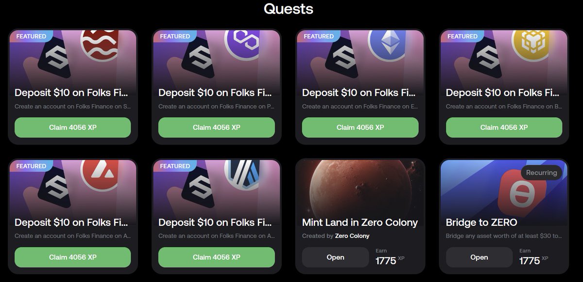 Вариант забрать пачку Zerion XP
app.zerion.io/rewards/quests

Делать депозит не обязательно, достаточно:
Cоздать аккаунт xapp.folks.finance/account
и привязать нужные сети ончейн
Link address-Sync chain-complete linking 

Затраты по паре центов, кроме эфира 0.5$ при gwei 0.5

Успехов!