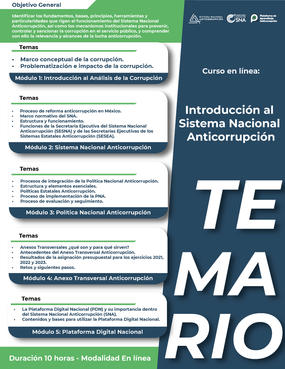 SESNAOficial's tweet photo. Conoce los cursos de la Plataforma de Aprendizaje Anticorrupción del #SNA

➡️ Introducción al Sistema Nacional Anticorrupción

Este curso sienta las bases para entender el funcionamiento del Sistema, las Instituciones que lo conforman y la normativa alrededor de la lucha anticorrupción.

https://t.co/FJcuWwxxZE