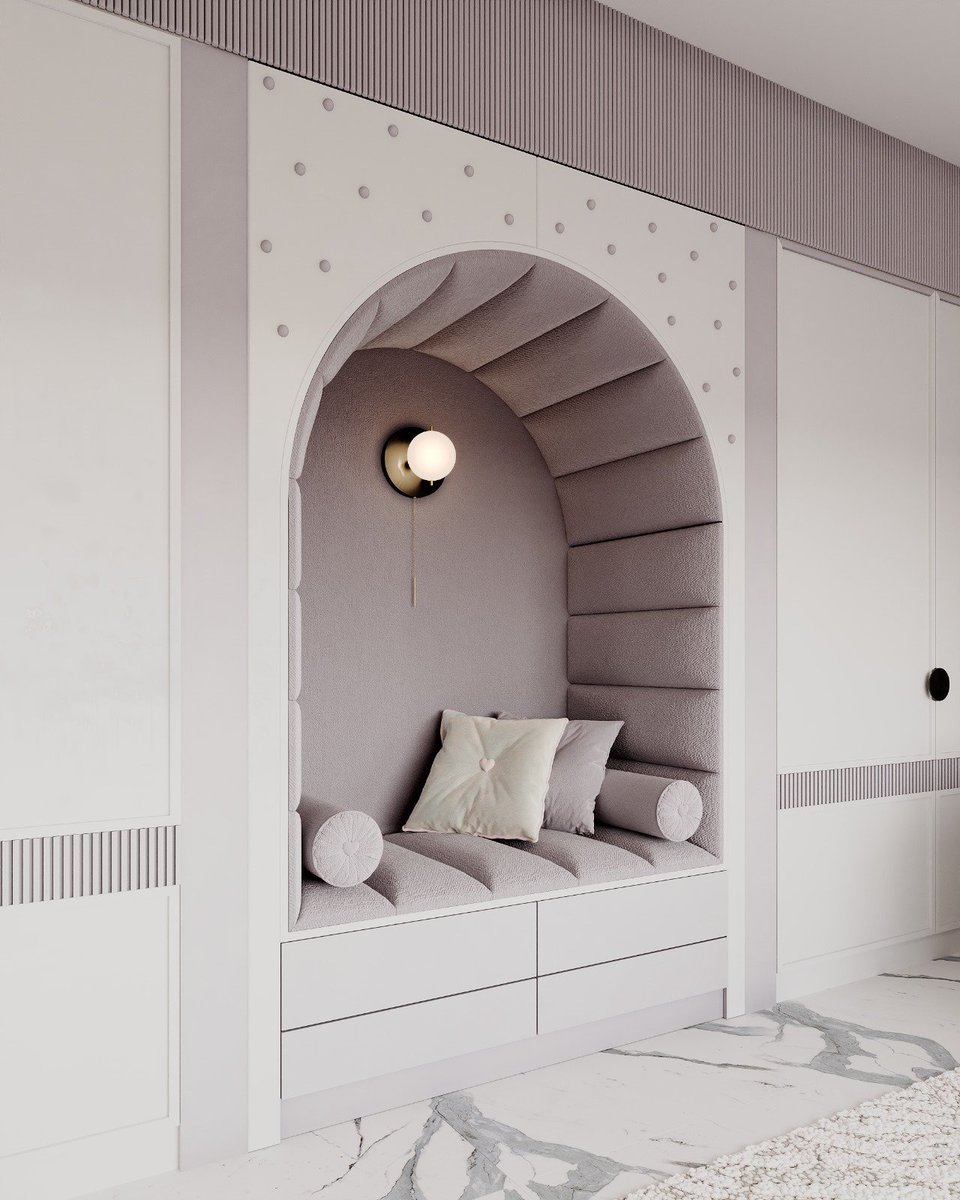 CSTERNDesign1's tweet photo. Step into a serene and elegant cozy playroom designed to inspire calm, creativity, and comfort.
This space embraces a soft pastel palette, where light textures and flowing forms create a sense of effortless harmony.

The bespoke built-in arches with upholstered seating add both function and charm, turning storage into playful nooks for reading, relaxing, or daydreaming. Gentle curves in the furniture, paired with sculptural lighting, bring a whimsical yet sophisticated character to the room.

Expansive windows fill the interior with natural light, enhancing the delicate tones of fabrics, marble, and soft carpeting. Every element — from the statement armchair to the tailored desk — was curated to balance practicality with beauty, making this playroom both a sanctuary of comfort and a space to grow, explore, and dream.

A modern vision of playful elegance, blending functionality with timeless design.

#interiordesign #moderndesign #softinteriors #kidsroomdesign #interiorarchitecture #cozyplayroom #cozyinterior #designinspiration #pastelinterior #homedecorideas #luxuryinteriors #modernliving #cozyinterior #interiordetails #spatialdesign #playroom