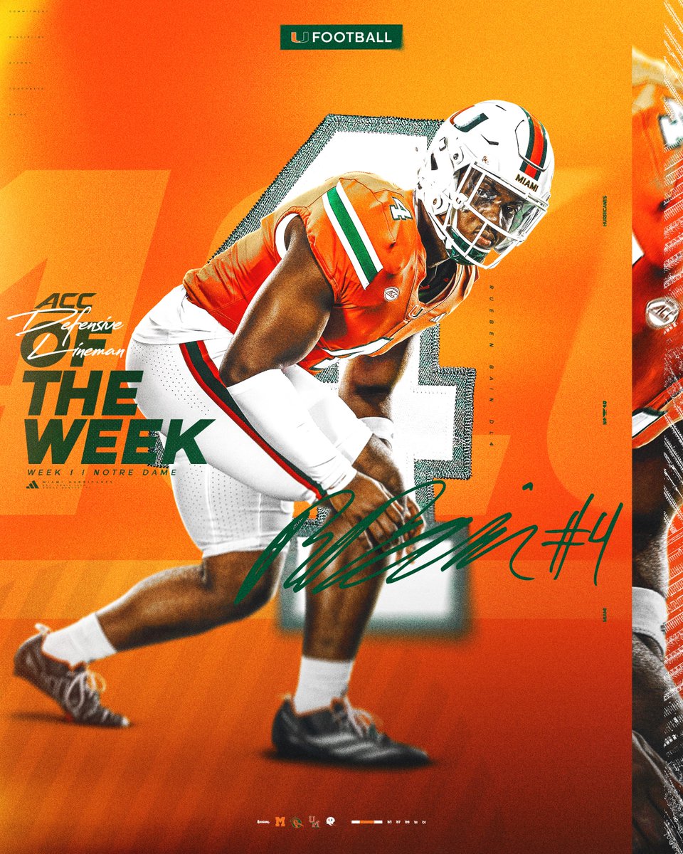 CanesFootball's tweet photo. Rueben. Hurricane. Bain.

ACC Defensive Lineman of the Week 🙌