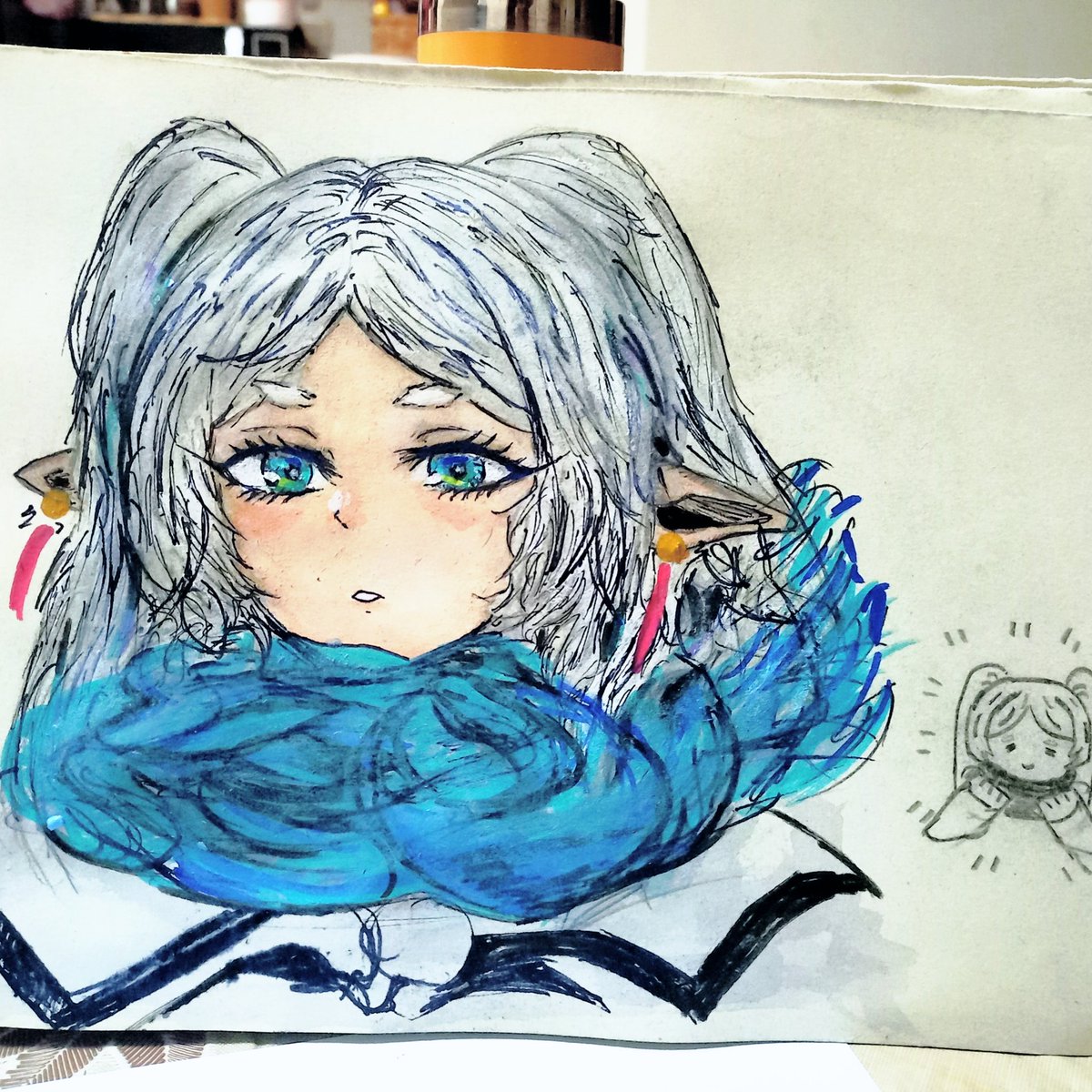 koopagoopa's tweet photo. I tried to do some painting again and ngl it turned out pretty great, its not all great still, since i keep tearing a hole on my my paper still but i did improve at making the right consistency for the water and paint, and i used markers this time for some parts https://t.co/uYhXlp78Pw
