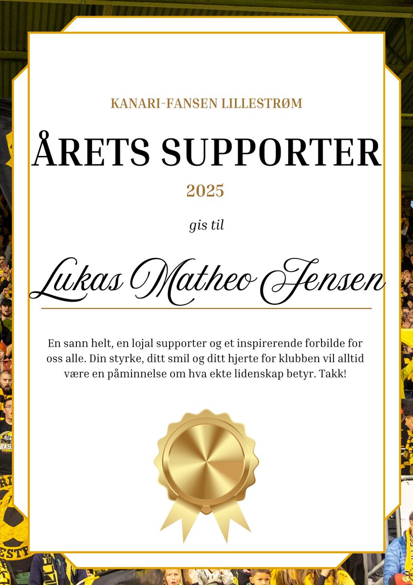Det er med stor sorg vi har mottatt beskjeden om at Lukas Matheo Jensen har gått bort.

Han er og blir Årets supporter 2025 – en helt, et forbilde og en inspirasjon for hele fotball-Norge. Våre varmeste tanker går til hans nærmeste. 

Hvil i fred 💛🖤 #ForzaLukas