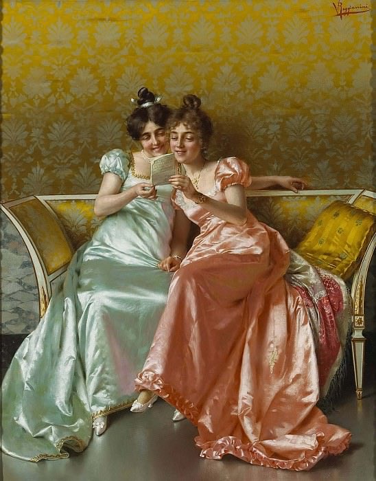 Vous voyez ces reflets? C’est de la peinture, pas de la soie. ✨ 

Dans ce domaine, la virtuosité de Vittorio Reggianini (1858–1938) est à couper le souffle! 🖌️

Le réalisme est tel qu’on croirait que les robes ont été posées directement sur la toile. 👗