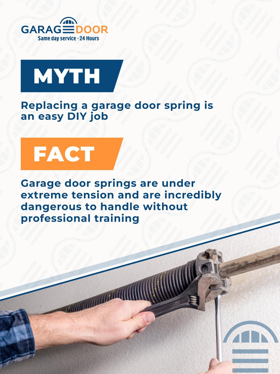 garagedoor_sd's tweet image. Think replacing a garage door spring is an easy DIY? These springs are under extreme tension and can be incredibly dangerous.
Don&apos;t risk serious injury or costly damage. Trust the experts!

📲508-715-8187
Same Day Service💛
garagedoor24hrs.com/service/garage…

#GarageDoorSafety #SpringRepair