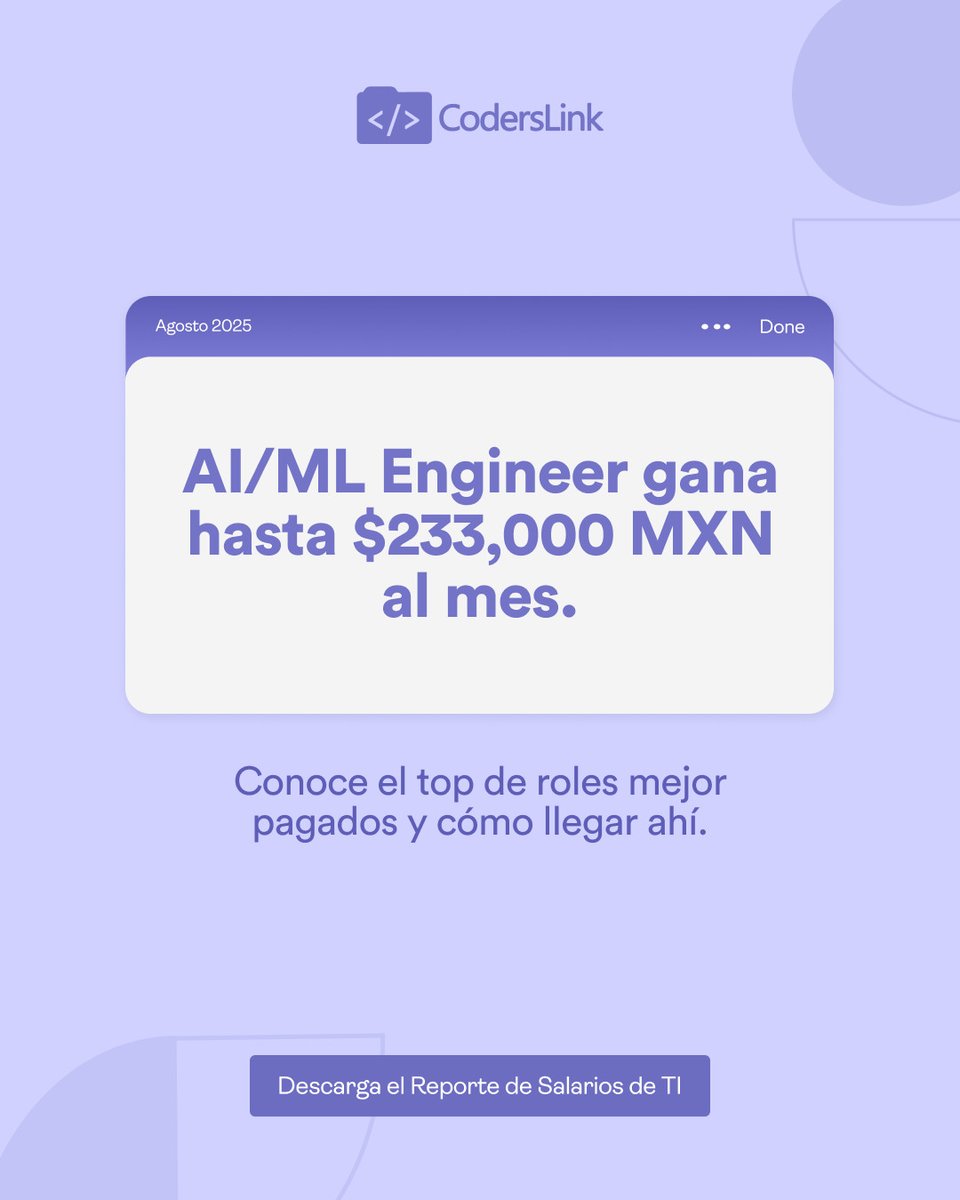coderslink's tweet image. 🚀 ¿$233,000 MXN al mes? Sí, es posible.

💼 Conoce los roles mejor pagados en TI y traza tu camino.

📥 Reporte de Salarios de TI 2025: bit.ly/41z6uvd

#TalentoTech #SueldosMexico #ReporteTI