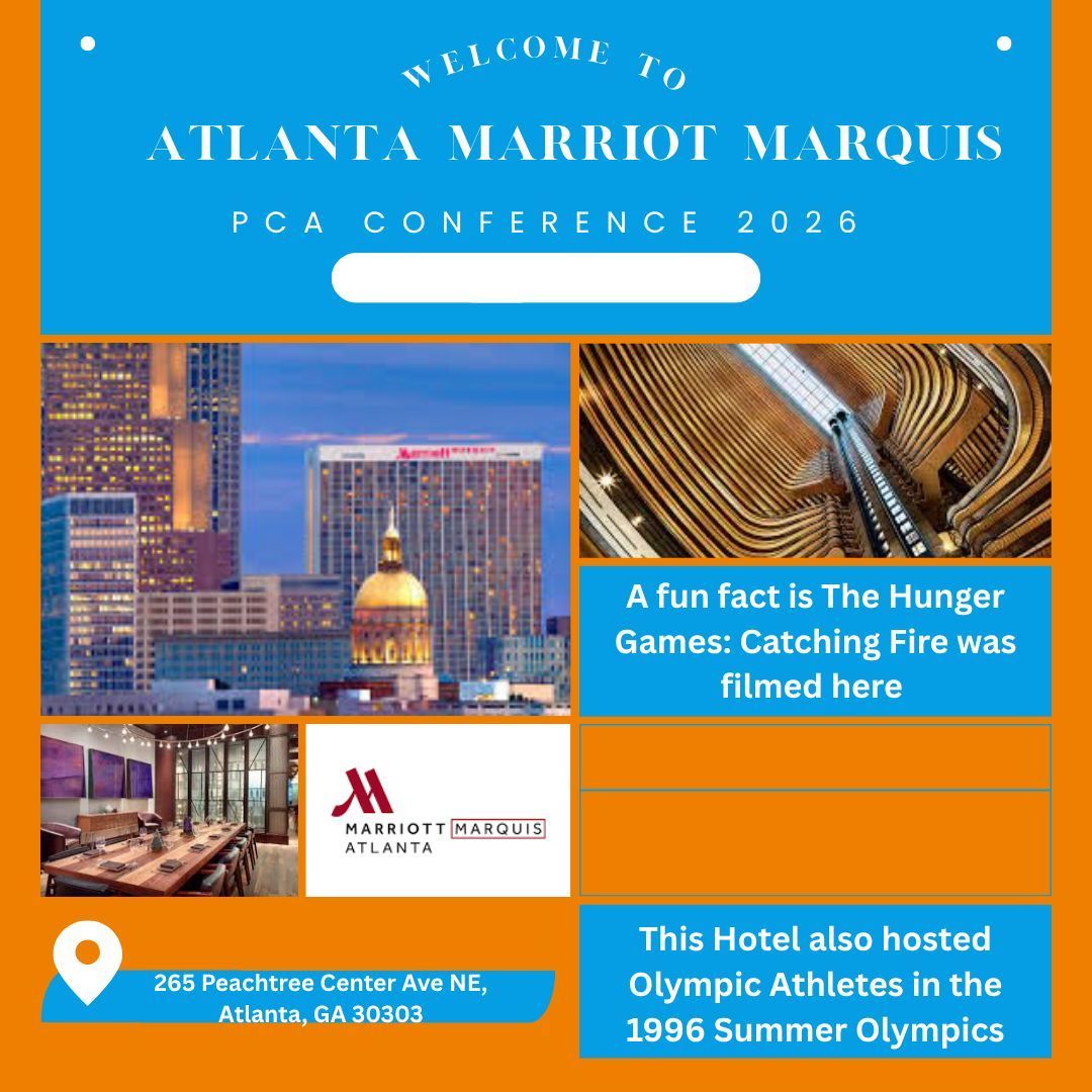 Excited for PCA 2026 at the Atlanta Marriott Marquis! 🌟 Join us in the heart of Atlanta for unforgettable sessions and pop culture connections.
#PCA2026 #AtlantaMarriottMarquis #PopCultureConference