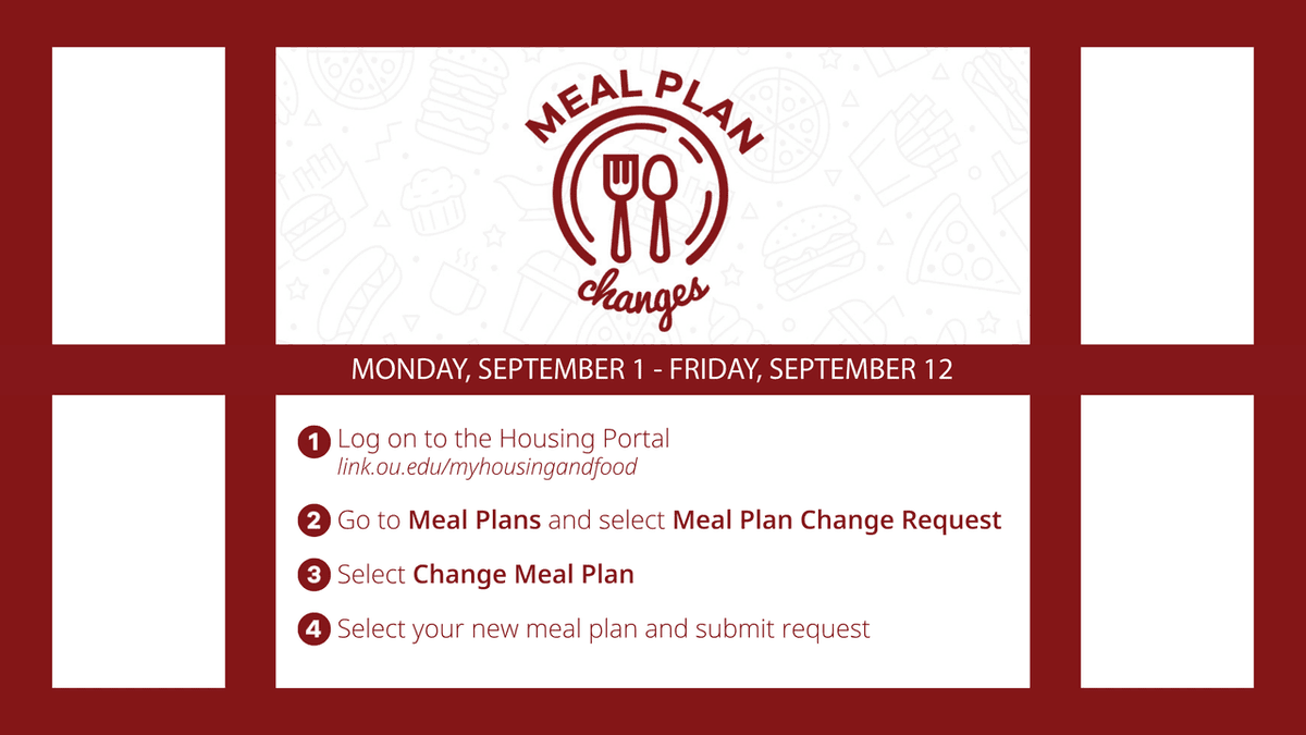Need to make changes to your meal plan? 🍔🌮 You can make adjustments to your plan by logging on to the Housing Portal now through September 12th! 🗓️