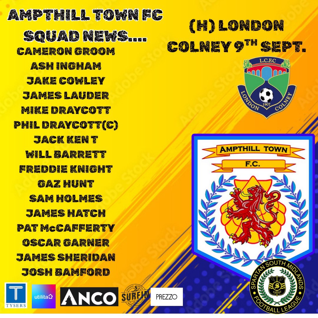 Squad news ahead of tonight game v London Colney. COYA💛💙💛 <a href="/ampthillinfo/">Ampthill.Info</a> <a href="/TcT_ATFC/">TcT_ATFC</a>