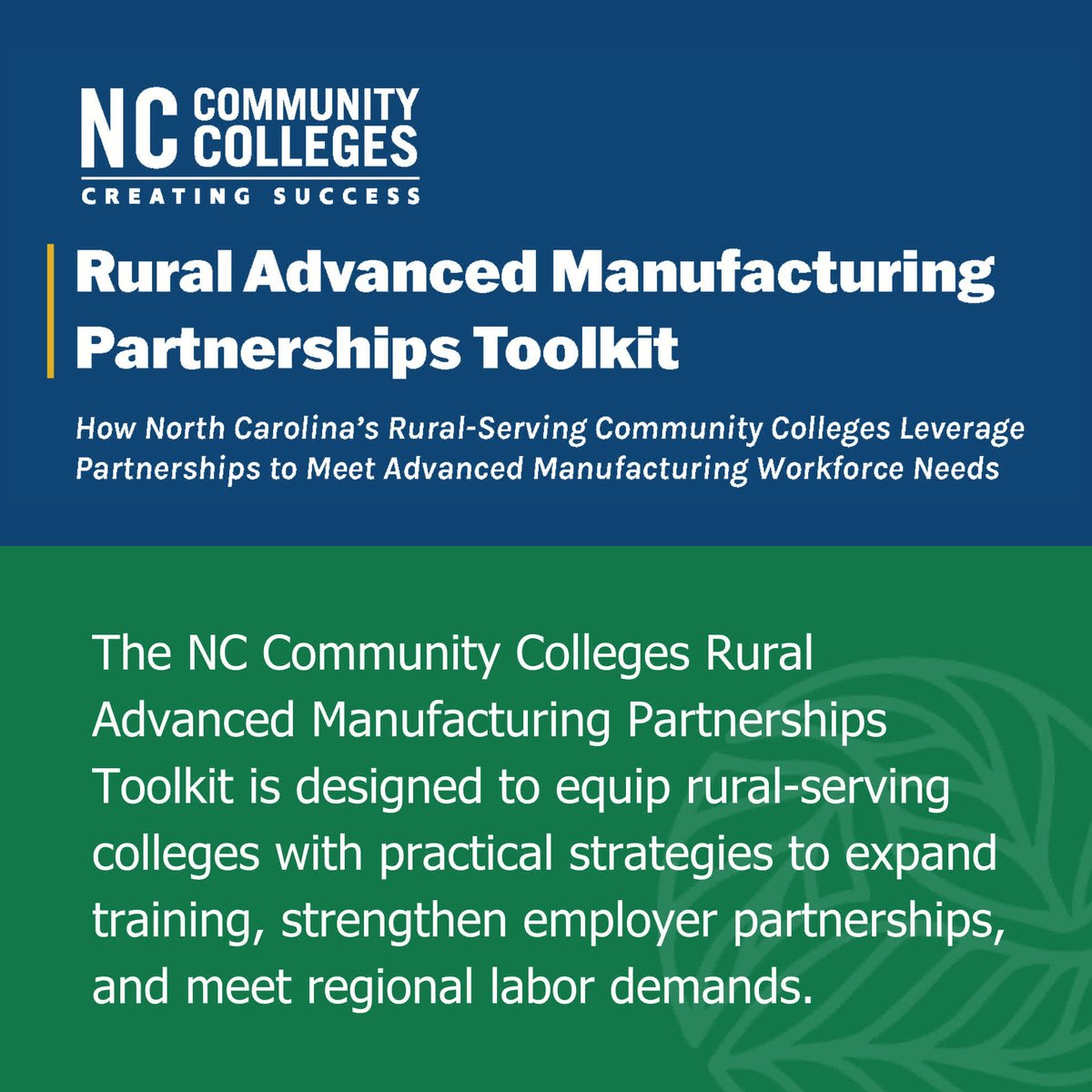 Exciting new tool for NC's rural communities!
<a href="/NCCommColleges/">North Carolina Community Colleges</a> launched a new toolkit designed to strengthen the #rural #advancedmanufacturing #workforce that includes strategies and examples of training solutions and features <a href="/NCgoldenLEAF/">Golden LEAF</a> funded examples. goldenleaf.org/north-carolina…