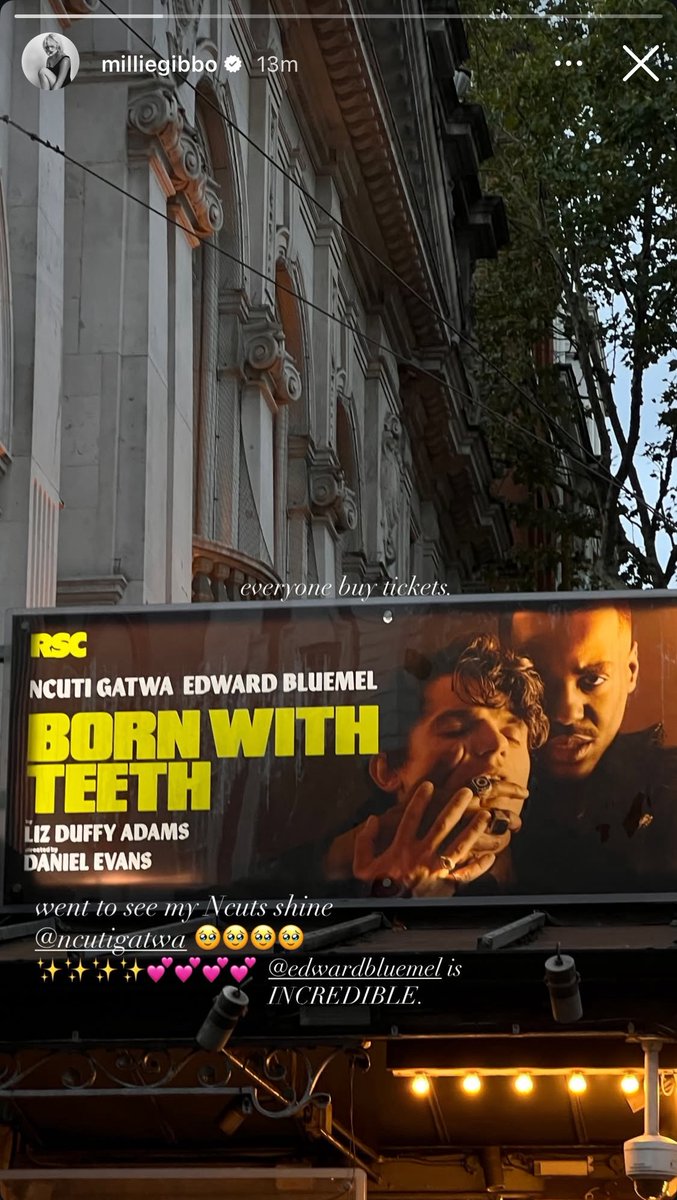 abitdickensian's tweet photo. Millie at Born with Teeth’s Varada at
last day of previews opening night!
Ncuti’s companions supporting him on the West End 🥰❤️ #DoctorWho #BornWithTeeth https://t.co/TvYMXwvqi2