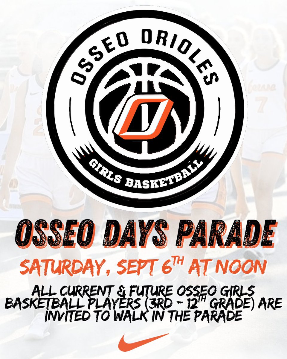 OsseoGirlsBasketball (@osseogirlsbball) on Twitter photo 🧡🖤Join @OsseoGirlsBball in the Osseo Days Parade! Open to grades 3–12.
📅 Sat, Sept 6 | ⏰ Meet 11 AM, Parade @ Noon
👕 Wear Osseo gear | 🍬 Hand out candy | 🥤 Bring water
✅ RSVP by 9/4 for more details → forms.gle/yXtiLrGTGRv8fT…
Let’s show Osseo pride! <a href="/OMGBAHoops/">OMG Basketball</a> 🧡🖤Join @OsseoGirlsBball in the Osseo Days Parade! Open to grades 3–12.
📅 Sat, Sept 6 | ⏰ Meet 11 AM, Parade @ Noon
👕 Wear Osseo gear | 🍬 Hand out candy | 🥤 Bring water
✅ RSVP by 9/4 for more details → forms.gle/yXtiLrGTGRv8fT…
Let’s show Osseo pride! <a href="/OMGBAHoops/">OMG Basketball</a>