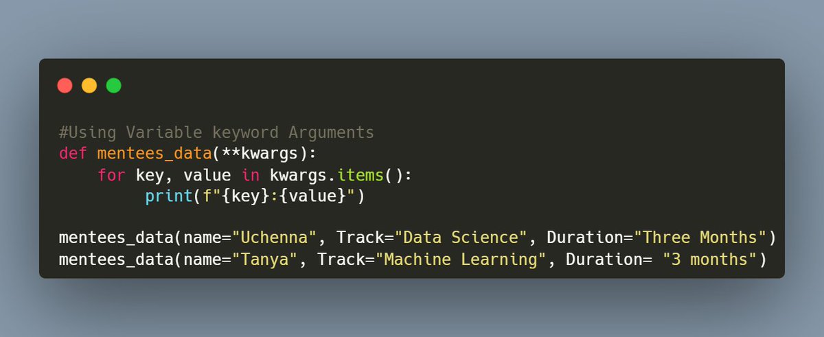 AzunnaIrene's tweet image. Day25 of #100DaysOfCode 
☑️Variable Keyword Arguments

#PythonZeroToHeroMentorship
#LearningJourney 
#pythonprogramming 
@python_z_t_h @Ubajoseph_u