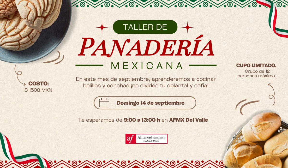 AFMexico's tweet image. 🥖✨ ¡Nuestro taller de #panadería regresa este #septiembre al nuestro centro #DelValle!
Ven a aprender a preparar conchas y bolillos, mientras descubres trucos de los profesionales.

⏰ Apresúrate, los lugares son limitados y se están llenando rápido. ¡No te quedes sin tu lugar