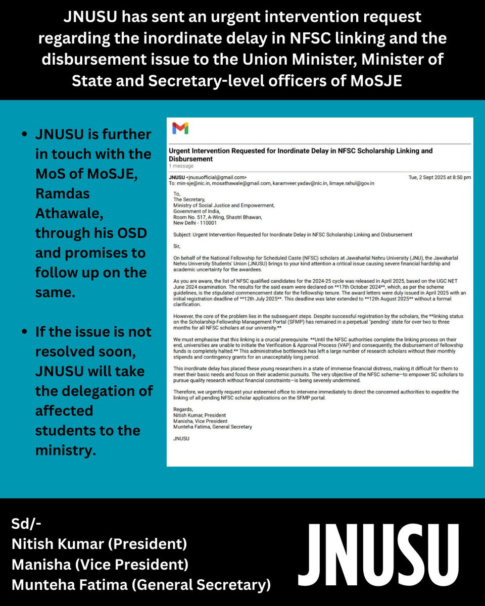 JNUSU Official (@jnusu_official) on Twitter photo #JNUSU has sent an urgent intervention request regarding the inordinate delay in #NFSC linking and the disbursement issue to the Min <a href="/Drvirendrakum13/">Dr. Virendra Kumar</a>, MoS <a href="/RamdasAthawale/">Dr.Ramdas Athawale</a> and Secys of <a href="/MSJEGOI/">Ministry of Social Justice & Empowerment, GOI</a> #JNUSU has sent an urgent intervention request regarding the inordinate delay in #NFSC linking and the disbursement issue to the Min <a href="/Drvirendrakum13/">Dr. Virendra Kumar</a>, MoS <a href="/RamdasAthawale/">Dr.Ramdas Athawale</a> and Secys of <a href="/MSJEGOI/">Ministry of Social Justice & Empowerment, GOI</a>