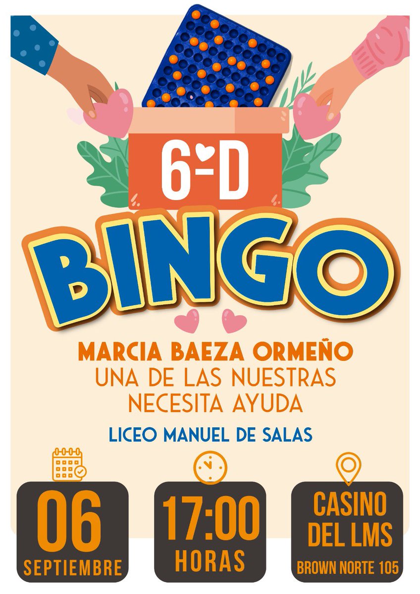 Amigos y amigas! Este sábado realizaremos un bingo solidario en el Liceo Manuel de Salas para juntar dinero para ayudarme a costear los tratamientos oncológico e inmunoterapia que me estoy realizando!
Habrán premios bknes: play 4, bici, tele y cositas ricas pa comer. NO FALTEN!!