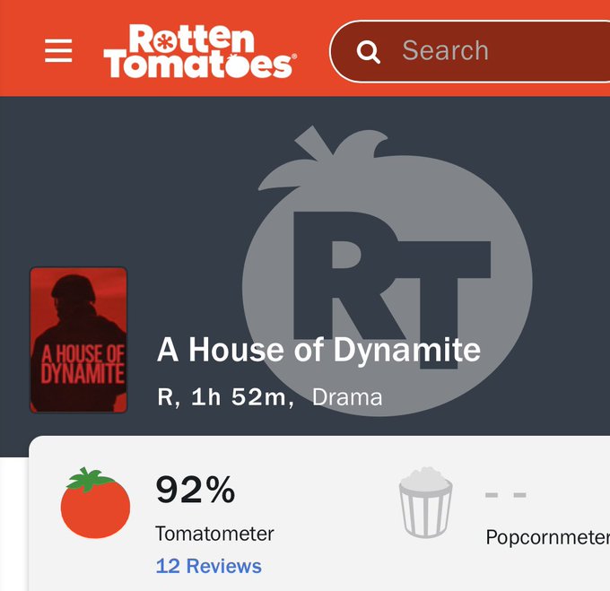 A red background with a silhouette of a person wearing a helmet and jacket, facing away. Large white text reads "A HOUSE OF DYNAMITE" across the silhouette. A Rotten Tomatoes webpage screenshot shows the movie title "A House of Dynamite," a 92% Tomatometer rating with a red tomato icon, and a runtime of 1h 52m labeled as Drama.
