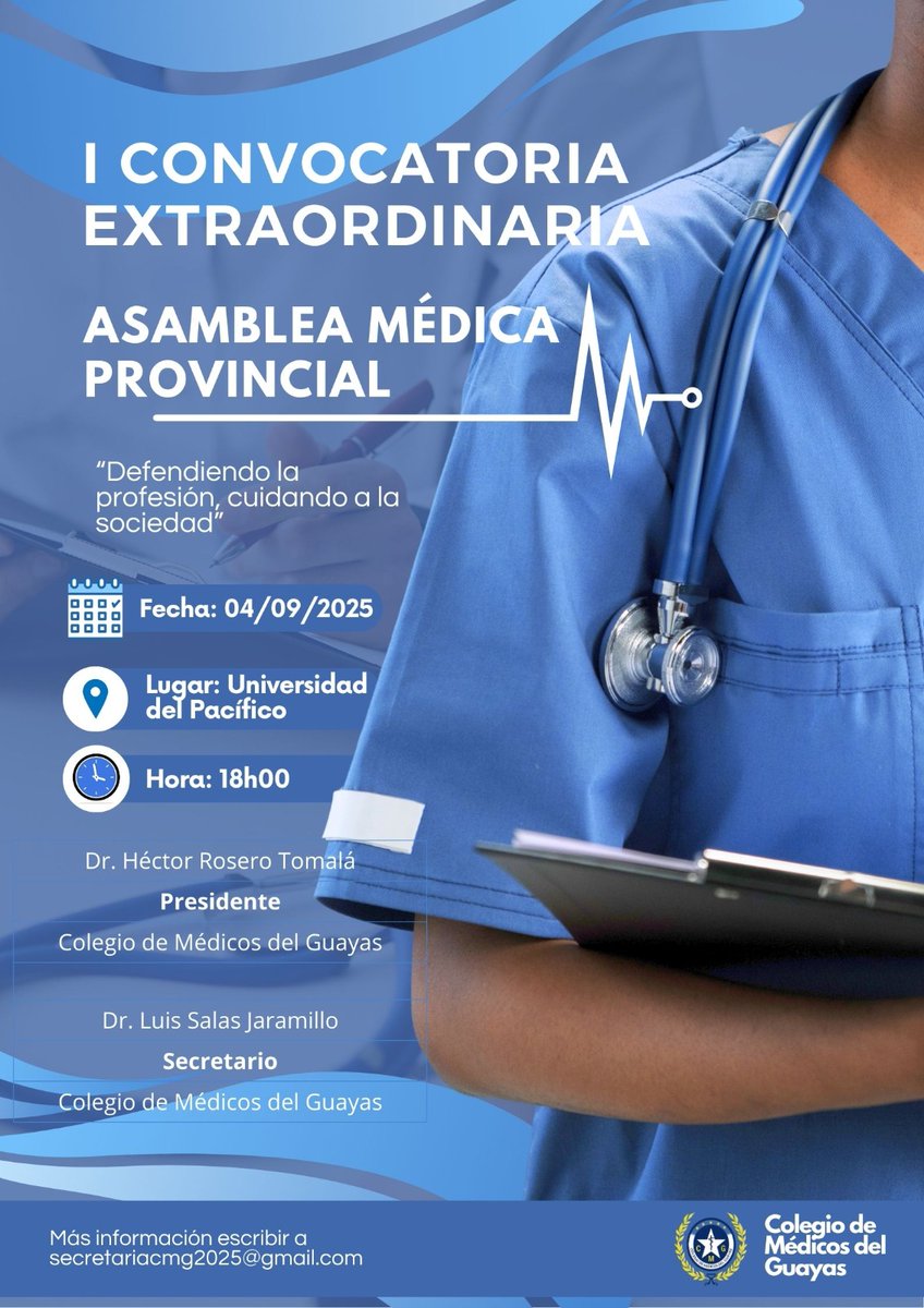 #ATENCIÓN|  Cordialmente invitados a la I Convocatoria Extraordinaria a la Asamblea Médica Provincial, organizada por el Colegio de Médicos del Guayas.

#SomosCMG
#AcciónGremialConResultados