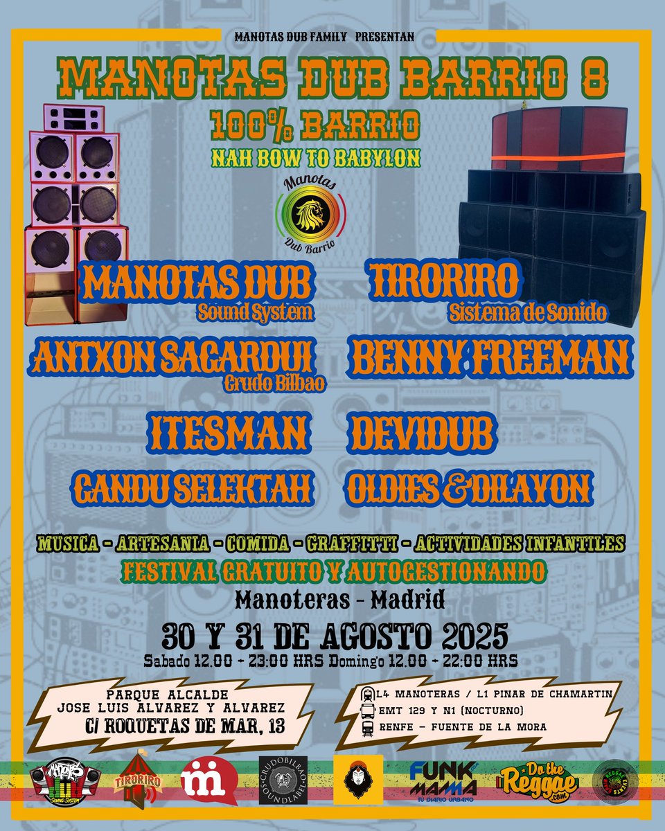 A las 22:00 h. llega "Voces de los barrios" con entrevista al festival Manotas Dub, que se celebró este fin de semana en Hortaleza pese a la prohibición del concejal del distrito. Y noticias del norte de la capital. 107.5 FM (norte de Madrid ciudad) y radioenlace.org.