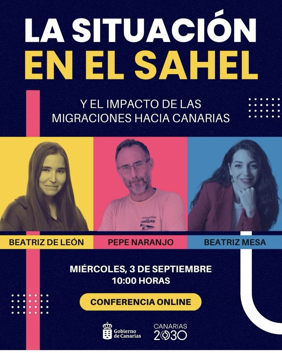 Mañana a las 10.00 (hora canaria) hablaremos de la crisis del #Sahel y su impacto en las #migraciones hacia #Canarias con <a href="/BeatrizLeonCobo/">Beatriz de León Cobo</a> y <a href="/Bmesacope/">Beatriz Mesa Garcia</a> en una conferencia online organizada por el Gobierno canario. Puedes seguirlo en este enlace: gesturcanariassa-614.my.webex.com/gesturcanarias…
