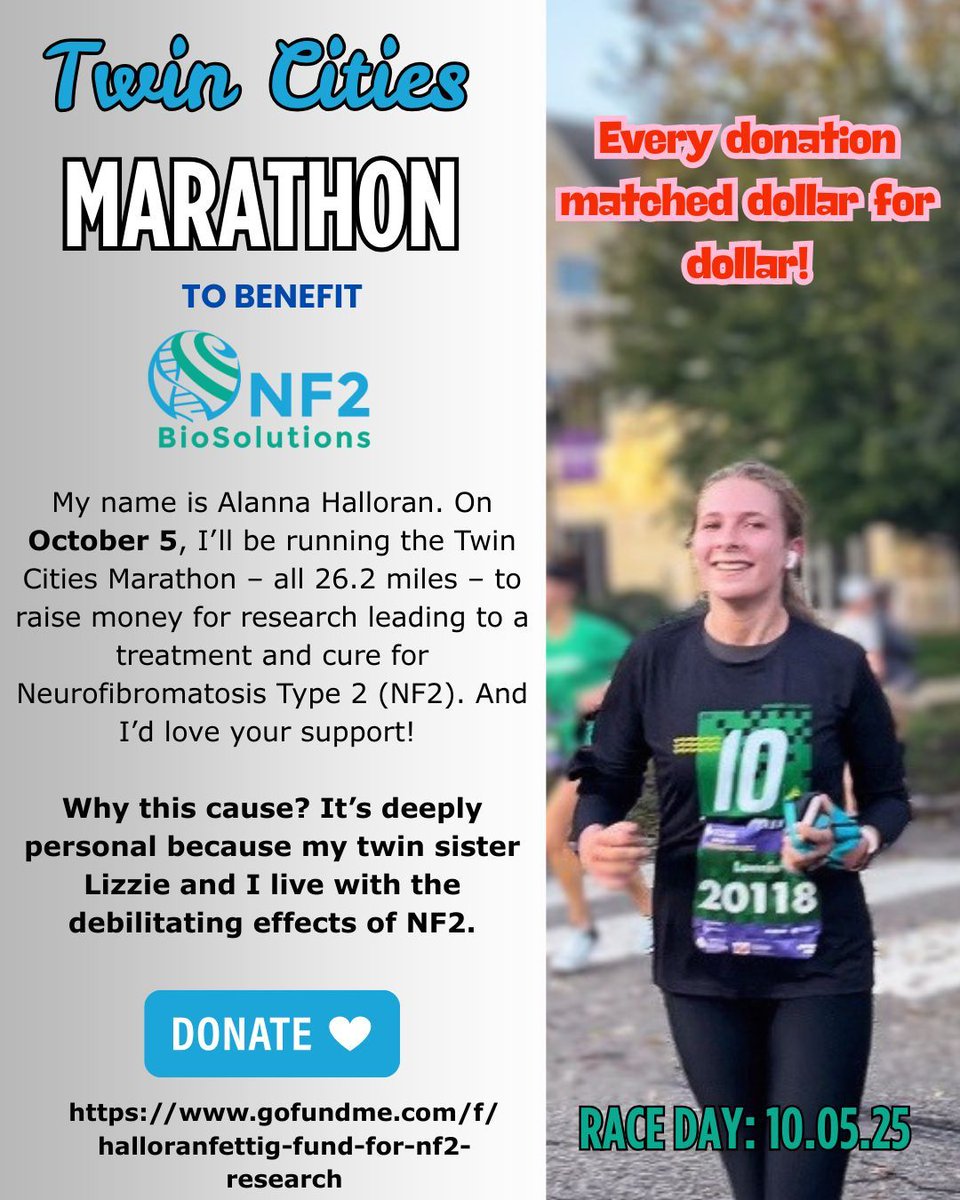 NF2BioSolutions's tweet image. 🏃♀️ On Oct 5, Alanna Halloran runs the Twin Cities Marathon for her twin, Lizzie, &amp;amp; everyone with #NF2. Every gift = doubled up to $10K 💙 Support research toward a cure: buff.ly/HQ01Kes