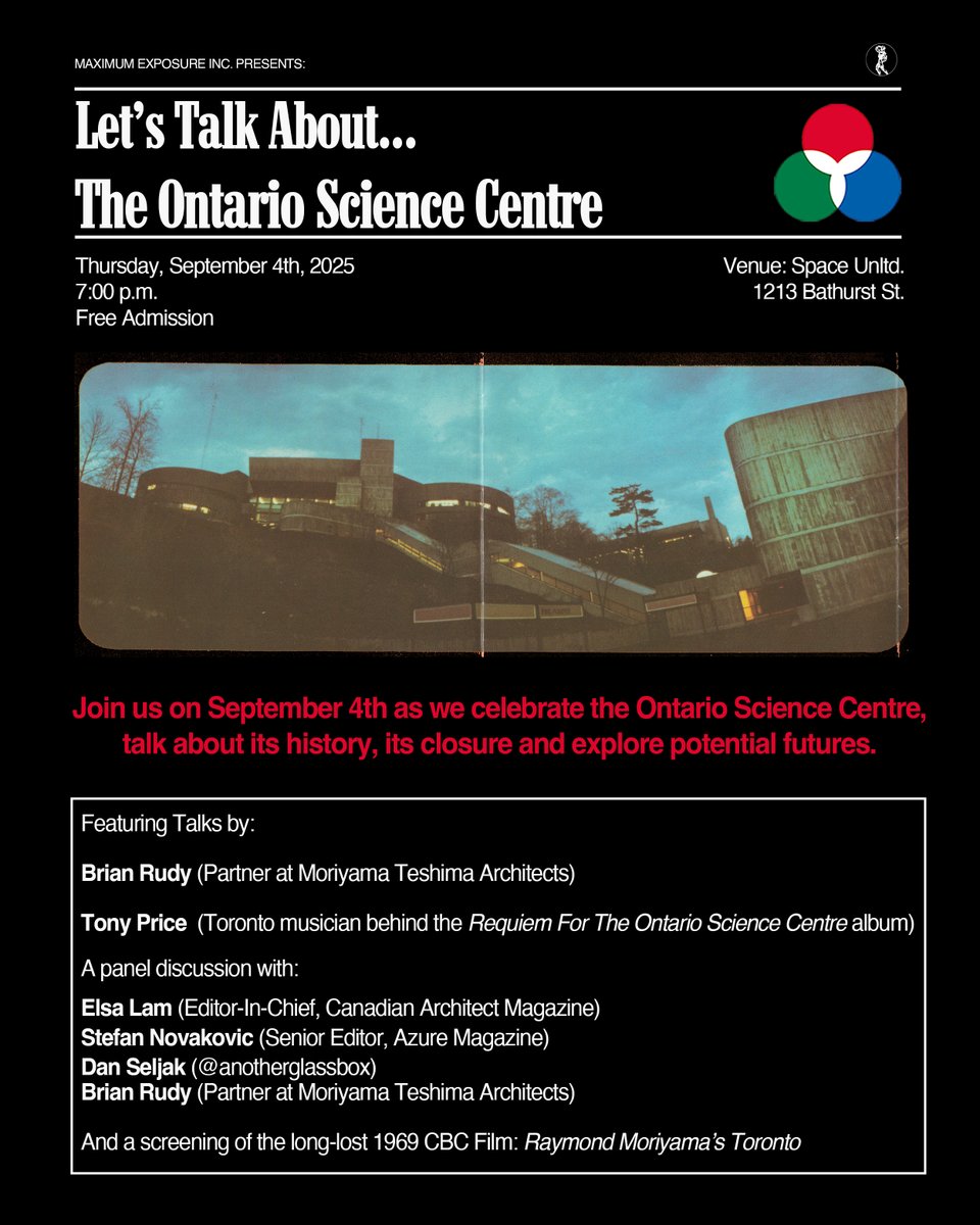 Canadian Architect (@cdnarch) on Twitter photo On Thursday September 4th, join Moriyama Teshima Architects at Unltd. for Let’s Talk About The Ontario Science Centre, a free evening of music, film, and conversation celebrating Raymond Moriyama’s 1969 architectural landmark. On Thursday September 4th, join Moriyama Teshima Architects at Unltd. for Let’s Talk About The Ontario Science Centre, a free evening of music, film, and conversation celebrating Raymond Moriyama’s 1969 architectural landmark.