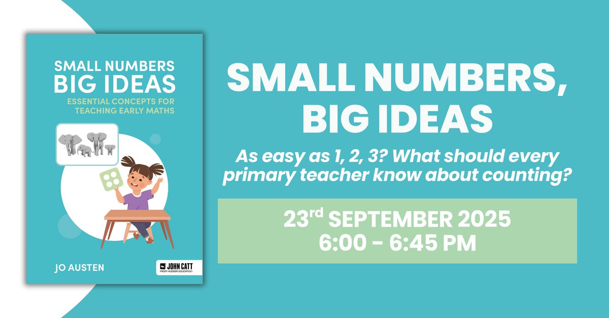 Very excited to turn some of 'Small Numbers, Big Ideas' into a series of free webinars this autumn with <a href="/HLearningPD/">Hachette Learning Professional Development</a> 

We're kicking things off on Tuesday 23rd September.

Details and booking link etc below!
⬇️