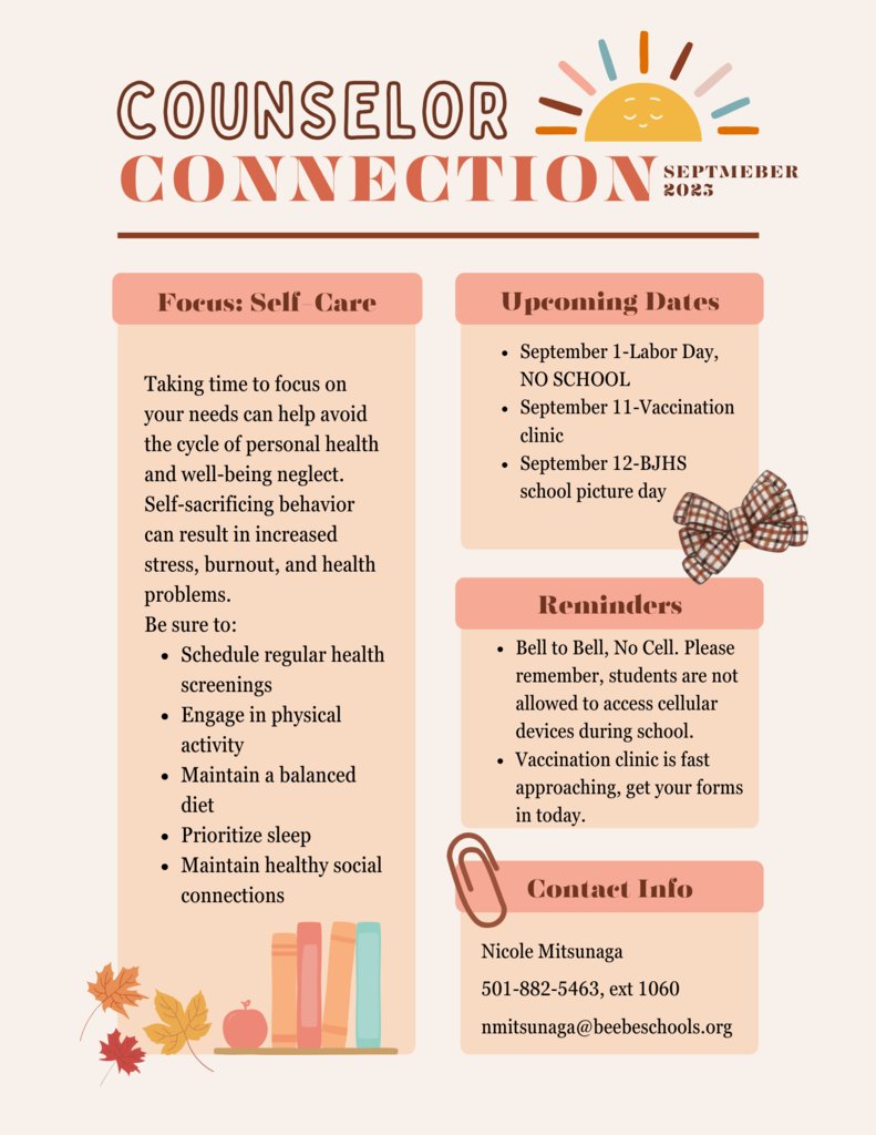September Counselor Connection.  Our counselor connection is published monthly to keep you up to date on important information and discuss relevant mental health focuses. #bjhsoneteamonedream #bprd