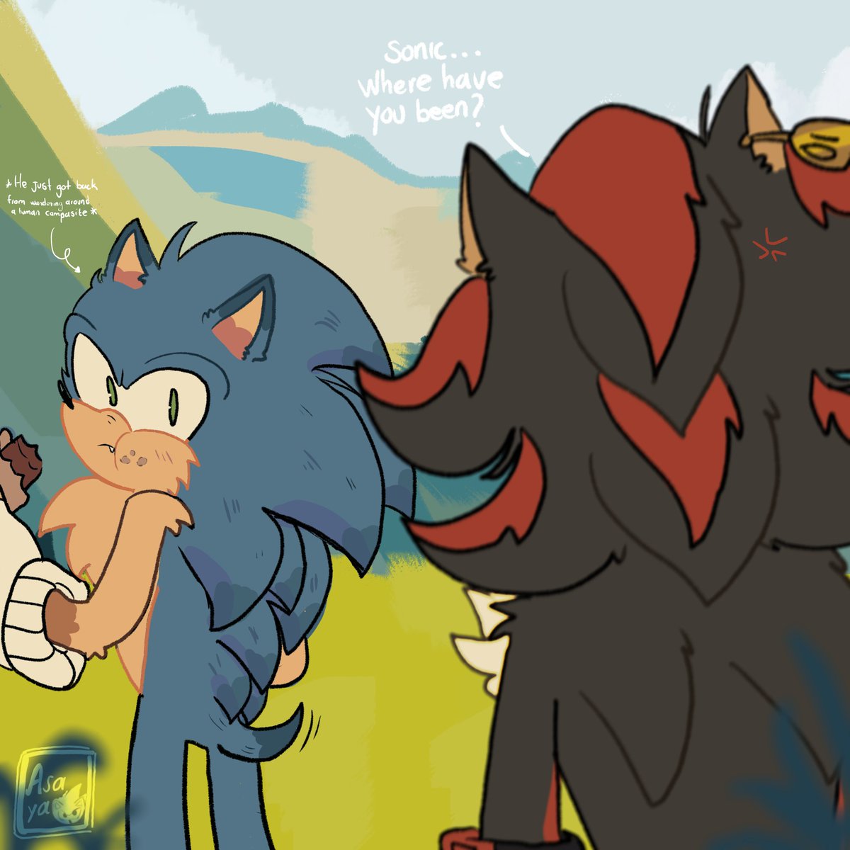 Sonic really loves human food (chili dogs).

[#SonicTheHedgehog  #ShadowTheHedgehog  #sonadow #Shadonic #wildhogAU