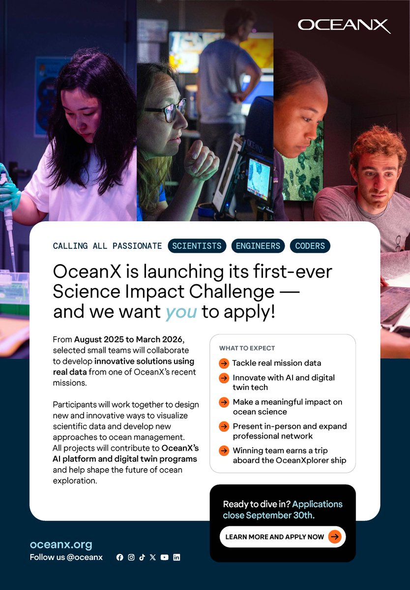AltaSeaOrg's tweet photo. Big news! @OceanX has launched the Science Impact Challenge via the TIDE Initiative 🌊

Graduate/post-docs, data scientists &amp; tech pros: collaborate Oct–Mar on ocean AI projects using OceanXplorer data.

Learn more: 🔗🔗https://t.co/KryqmSOg7P

#OceanX #AltaSea #BlueTech #STEM https://t.co/lwmayRhsY8