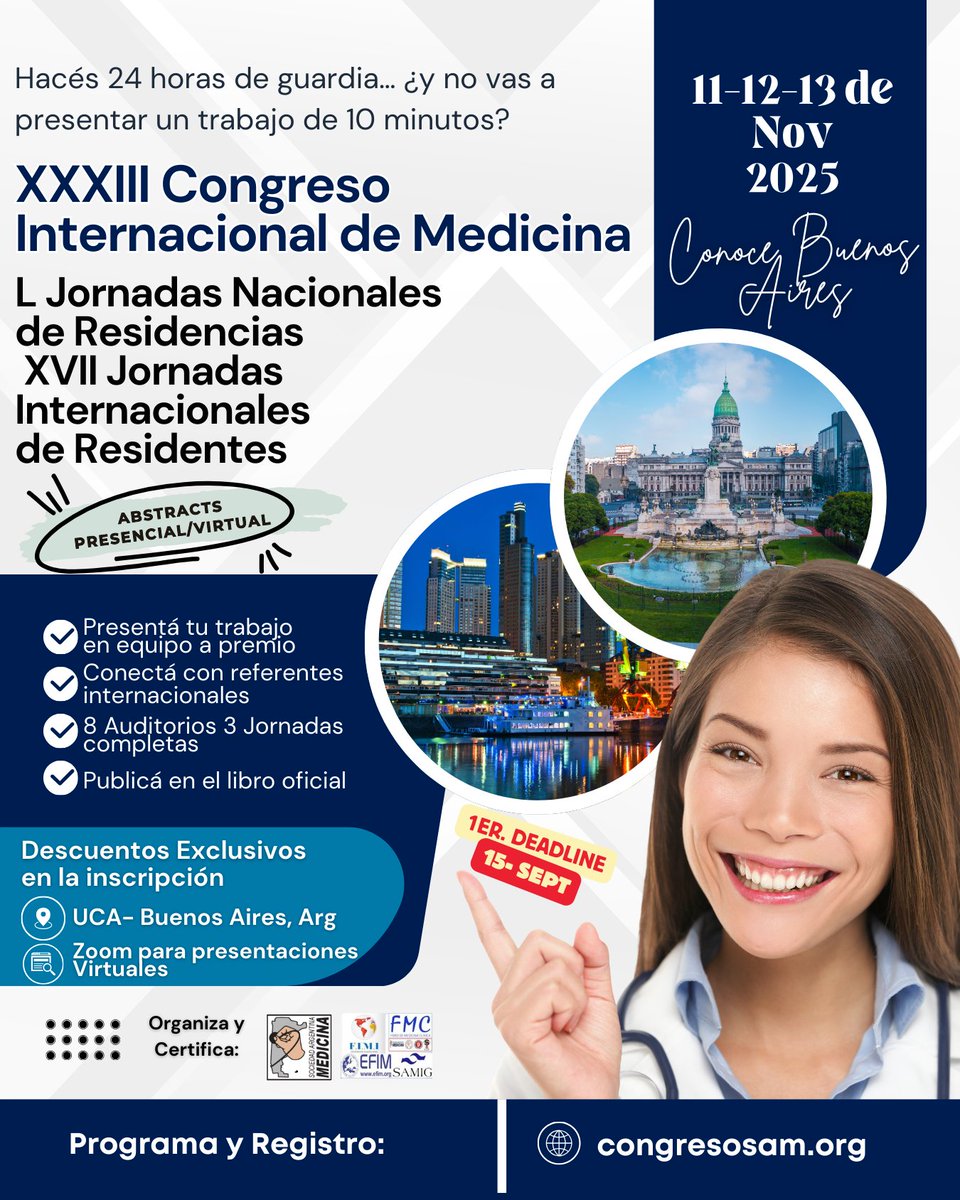 📣 ¡Se viene el Congreso Internacional de Medicina 2025! 🗓️ 11 al 13 de nov. en Buenos Aires | +25 sociedades científicas 🌍 | +350 disertantes 🎤 | 8 auditorios 🏛️ | +128 actividades 📚 | Ideal para internistas que buscan actualización de alto nivel y para residentes que quieren