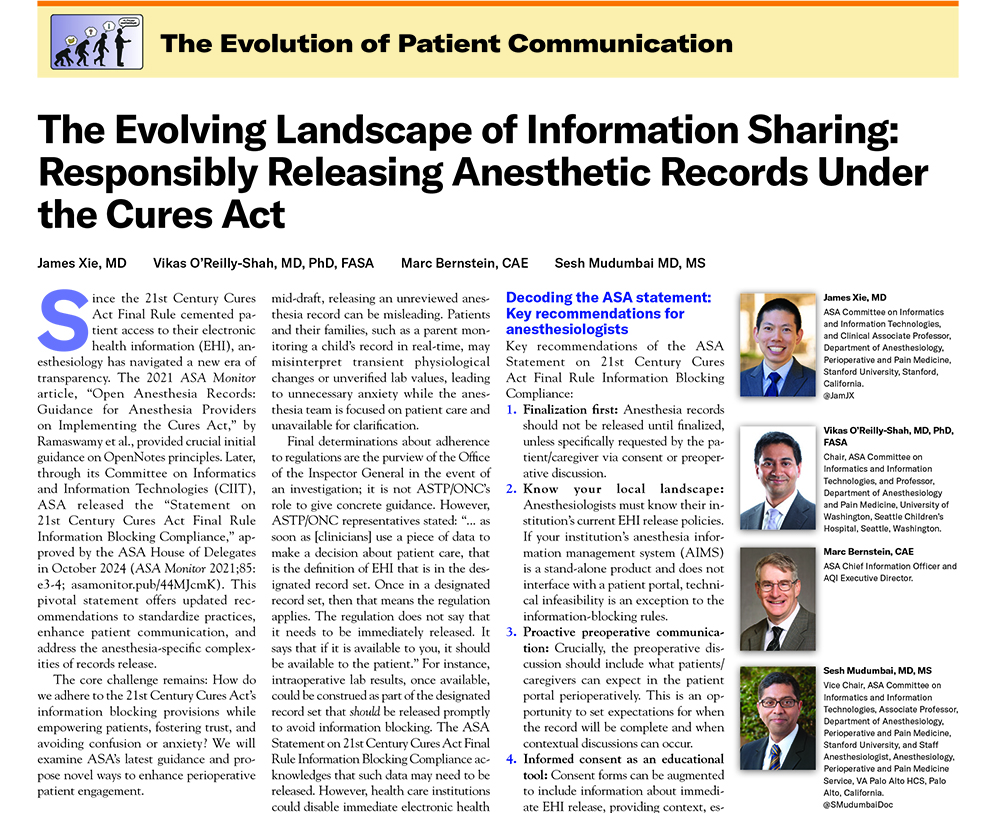 Great to collaborate with @JamJX , @OReillyShah, and Marc Bernstein on how anesthesiologists can responsibly share records under the Cures Act! We break down what counts as a “finalized” anesthetic record and why it matters for patients & providers.@stanfordanes @EMARIANOMD
