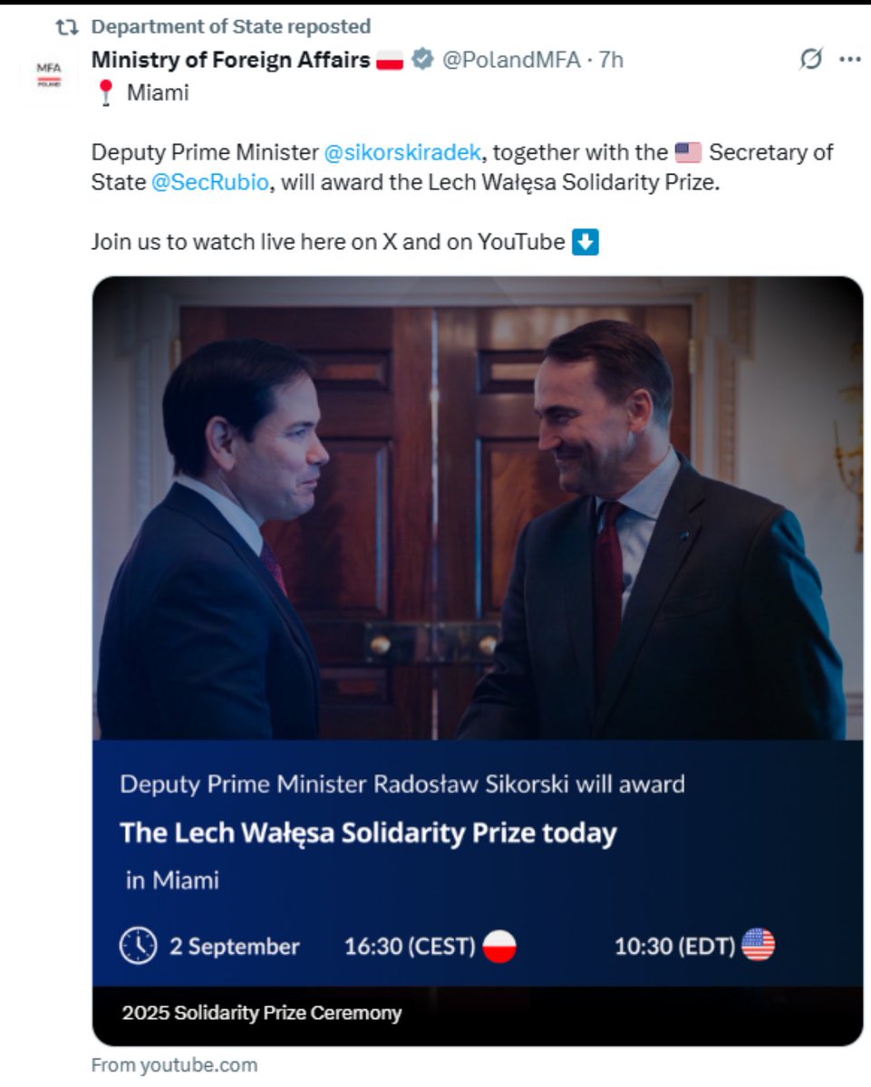 Jeżeli Departament Stanu repostuje wpisy polskiego MSZ to wiedz, że przyjaźń polsko-amerykańska ma się dobrze. Brawo ⁦<a href="/sikorskiradek/">Radosław Sikorski 🇵🇱🇪🇺</a>⁩