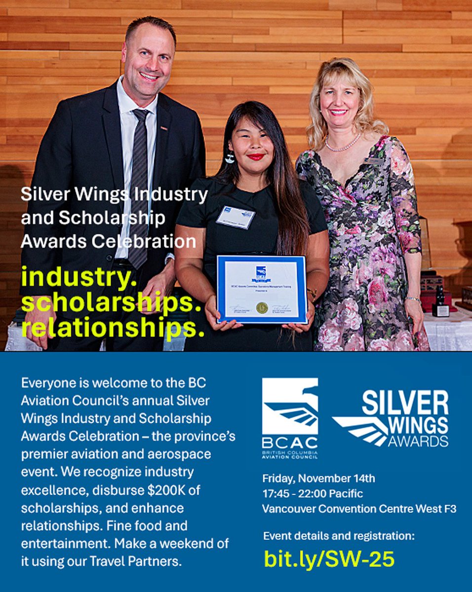 Silver Wings Awards – Fri, Nov 14!
BC’s premier aviation + aerospace celebration is now on a Friday, perfect for making a weekend getaway!
🤝 Connect with leaders &amp; innovators
🎶 Entertainment
🎓 $200K in scholarships
📍 Vancouver Convention Centre
🔗 bit.ly/SW-25