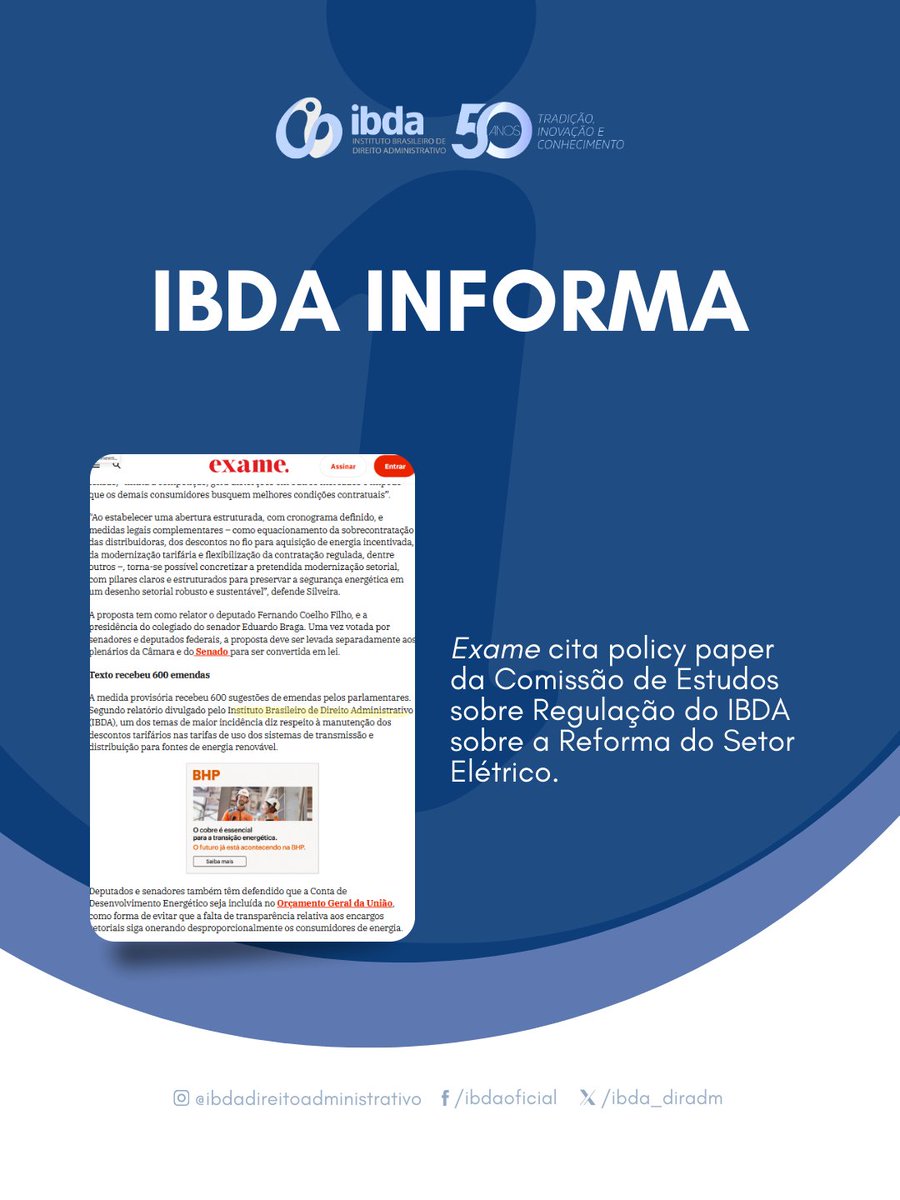 ibda_diradm's tweet image. Nosso policy paper sobre a reforma do setor elétrico, produzido pela Comissão de Estudos sobre Regulação do IBDA (coord. André Saddy), foi citado pela Exame.

📖 Confira: exame.com/esferabrasil/r…

#IBDA #Regulação #SetorElétrico #Exame
