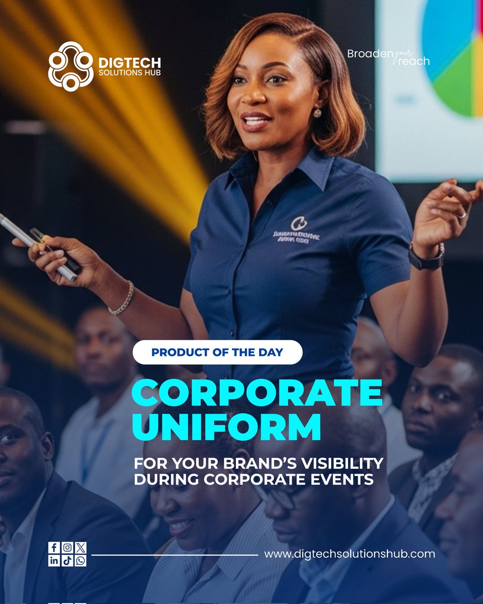 Want your team to REPRESENT YOUR BRAND with pride? 💼 Corporate uniforms = increased brand visibility + professionalism + unity! 👥 Get custom-made uniforms from Digtech Solutions Hub and make a lasting impression #CorporateUniform #BrandVisibility #TeamUnity #DigtechSolutionsHub