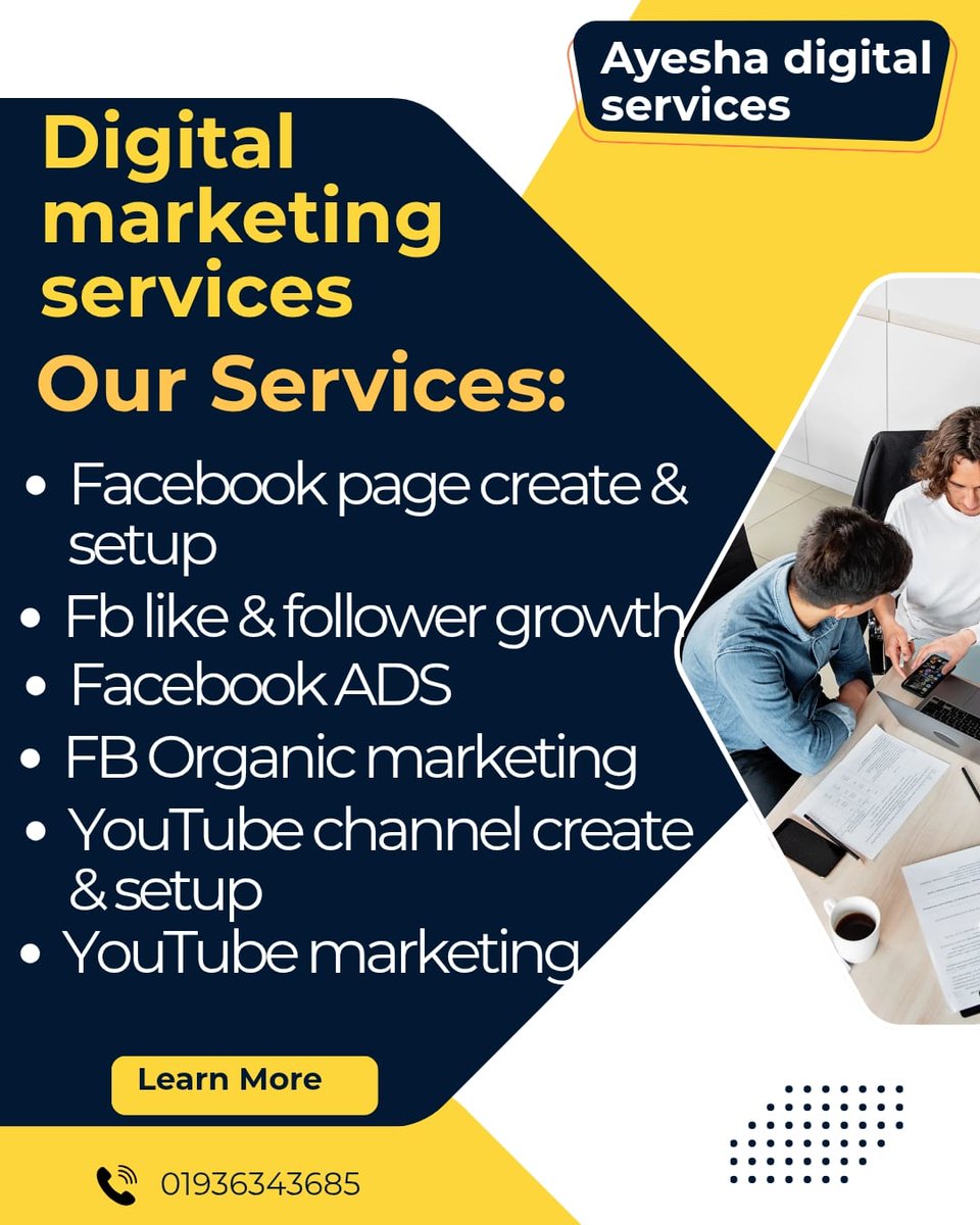 🚀 Boost your online business with Ayesha Digital Services
✅ Facebook Page Setup &amp; Ads
✅ Follower Growth &amp; Organic Marketing
✅ YouTube Channel Setup &amp; Promotion

#DigitalMarketing #FacebookAds #YouTubePromotion #BusinessGrowth #SocialMediaMarketing