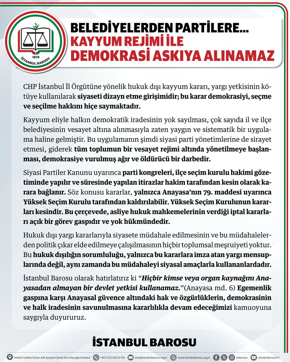BELEDİYELERDEN PARTİLERE: KAYYUM REJİMİ İLE DEMOKRASİ ASKIYA ALINAMAZ

CHP İstanbul İl Örgütüne yönelik hukuk dışı kayyum kararı, yargı yetkisinin kötüye kullanılarak siyaseti dizayn etme girişimidir; bu karar demokrasiyi, seçme ve seçilme hakkını hiçe saymaktadır.

Kayyum eliyle
