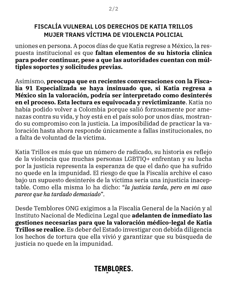 TembloresOng's tweet photo. .@FiscaliaCol vulnera los derechos de Katia Trillos 🚨

Katia es una mujer trans, sobreviviente del conflicto armado, la discriminación y la tortura a manos de la @PoliciaColombia en 2013. Hoy, sigue enfrentando la indiferencia del Estado y la revictimización de la justicia. https://t.co/z1RaTvMdGI
