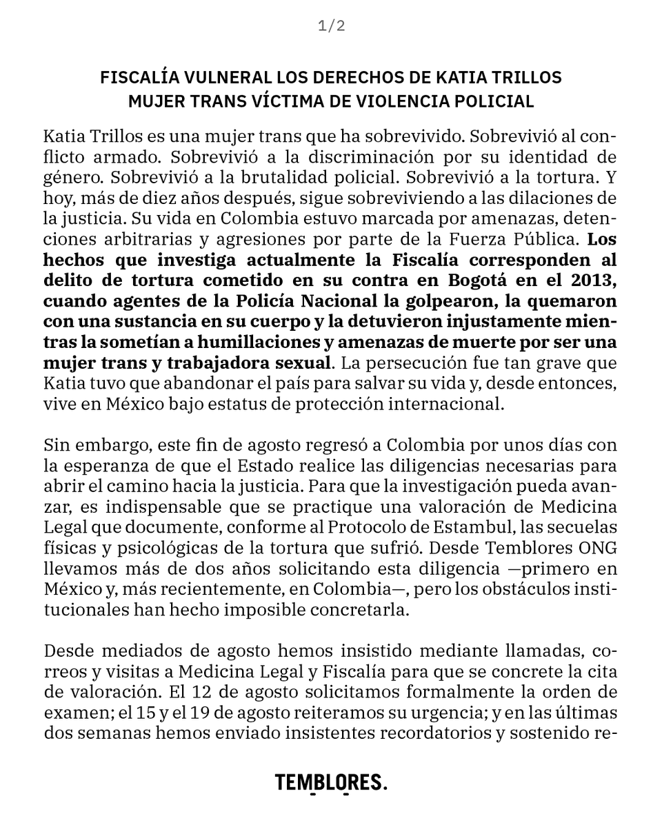 TembloresOng's tweet photo. .@FiscaliaCol vulnera los derechos de Katia Trillos 🚨

Katia es una mujer trans, sobreviviente del conflicto armado, la discriminación y la tortura a manos de la @PoliciaColombia en 2013. Hoy, sigue enfrentando la indiferencia del Estado y la revictimización de la justicia. https://t.co/z1RaTvMdGI