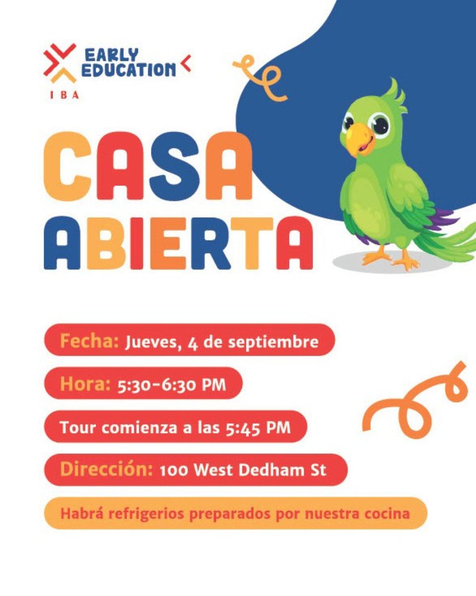 Are you searching for an early education program that celebrates culture, community, and bilingual learning?

Discover all that IBA’s Early Education Program has to offer at our Open House this Thursday, September 4, at 5:30 PM in the South End!brnw.ch/21wVpn9
