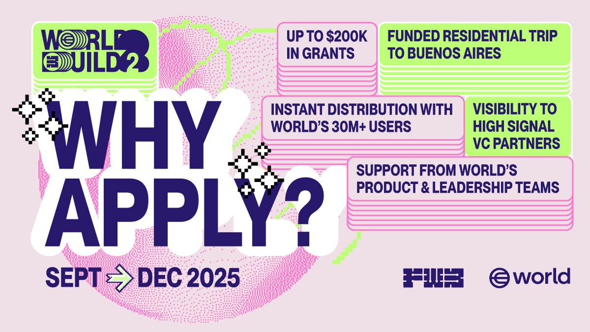 FWBtweets's tweet image. Build hyperscale Mini Apps on the real human network @worldcoin 🌎 Apply to World Build 2, through Sept 24! 

Calling all bold builders ready to launch the next breakout mini apps on @world_chain_ Why apply?

✅ Leverage instant distribution to World App’s 30M+ users
✅ Up to…