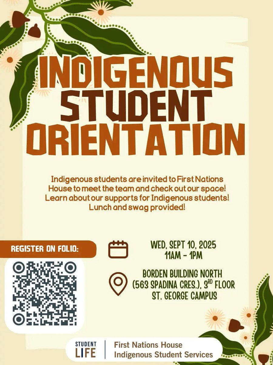 First Nations House (@uoftfnh) on Twitter photo Indigenous students are invited to First Nations House to meet the team and check out our space!
Lunch and swag provided.
Wednesday September 10th, 2025
11am-1 pm
563 Spadina Ave, 3rd floor
Register on Folio: https://folio.utoronto.
ca/students/events/detail/5224638 Indigenous students are invited to First Nations House to meet the team and check out our space!
Lunch and swag provided.
Wednesday September 10th, 2025
11am-1 pm
563 Spadina Ave, 3rd floor
Register on Folio: https://folio.utoronto.
ca/students/events/detail/5224638