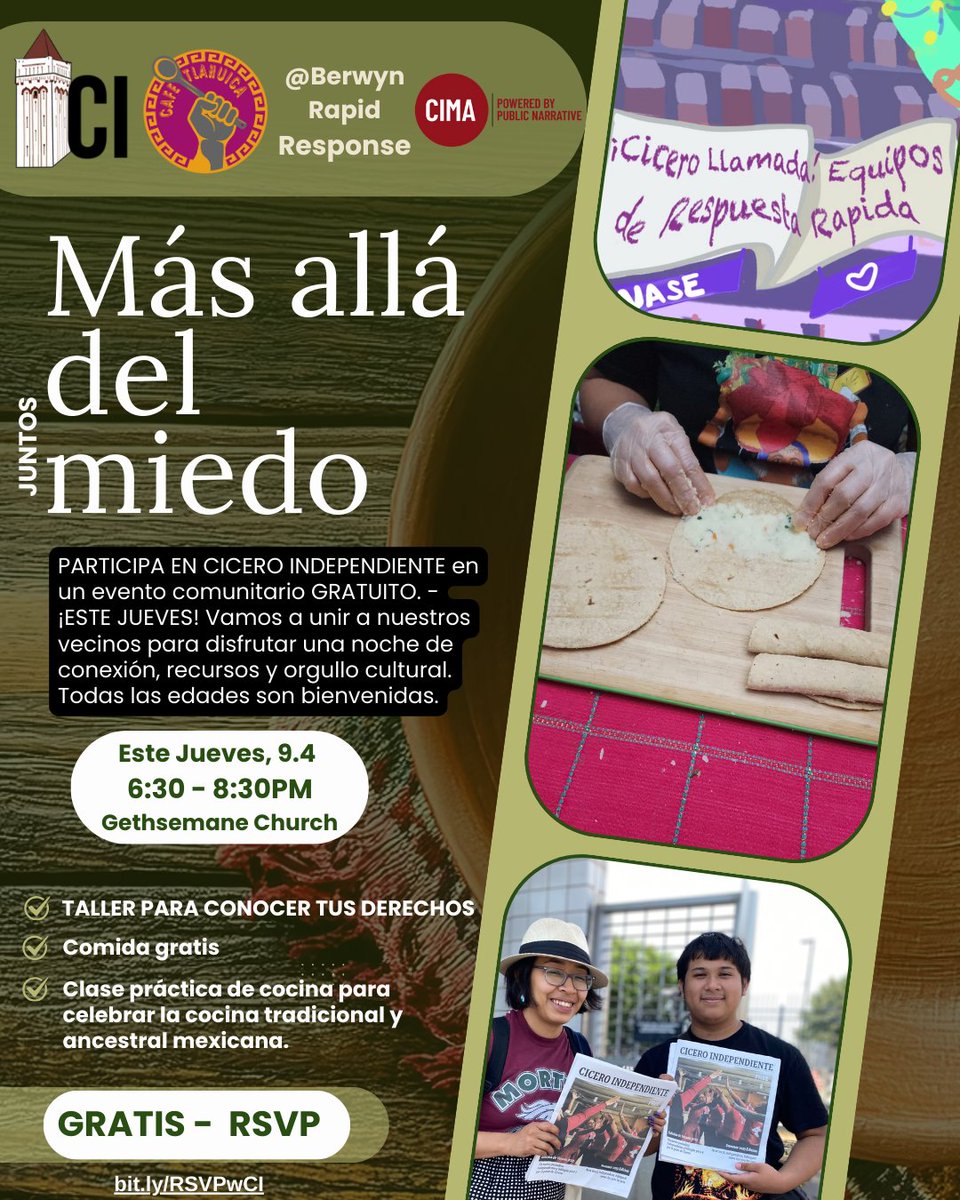 📣 THIS THURSDAY! Join us for "Together: Rise Beyond Fear" - a FREE community event hosted by Cicero Independiente!  We will be at Gethsemane Church from 6:30 - 8:30PM. 

RSVP bit.ly/RSVPwCI 

FREE food, Know Your RIghts workshop + a TRADITIONAL Mexican cooking class!